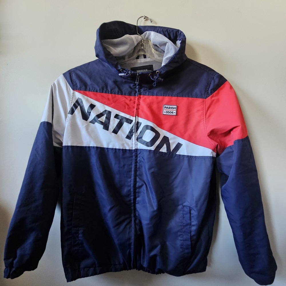Parish Nation Windbreaker‎ Men's Size Large Blue Red White Full Zip Jacket